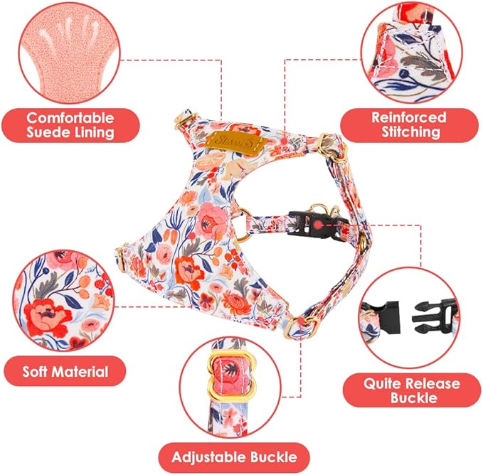 SlowTon No Pull Dog Harness with Leash - Soft Lightweight Floral Pattern Puppy Harness, Adjustable Pet Harness for Small Medium Dogs Pupppy (Flower M)