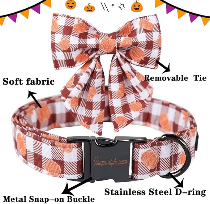 Unique Style Paws Cotton Dog Collar with Bow Halloween Pumpkin Plaid Dog Collar with Bow Tie for Small Medium Large Dogs Pets Gifts