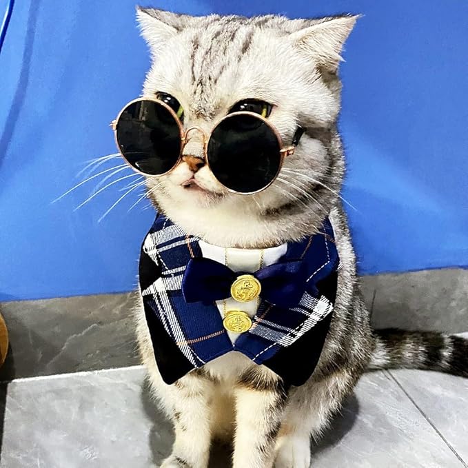 Dog Tuxedo Formal Cat Wedding Bandana Collar with Bow Tie Cat Birthday Costume Dog Wedding Attire Valentines Outfit Pet Gentlemen Sunglasses (Black)