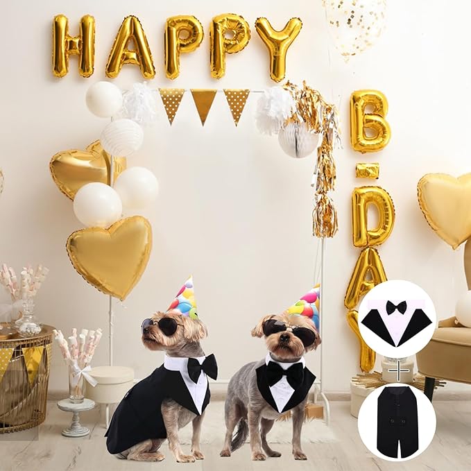 QBLEEV Tuxedo for Large Dogs, Suit and Bandana Set, Wedding Outfit With Bow Tie, Formal Tux Costume for Halloween Christmas Birthday Party Cosplay, Black XL