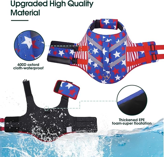 Kuoser Dog Life Jacket Large Breed, XXL Dog Life Vests for Swimming Boating, American Flag Reflective Dog Water Vest with High Flotation, Dog Swim Vest for Large Dogs