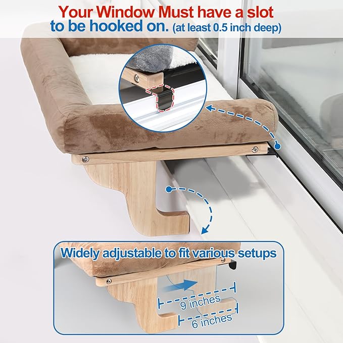 Cat Perch for Window Sill with Bolster - Orthopedic Hammock Design with Premium Hardwood & Robust Metal Frame - Cat Window Seat for Large Cats and Kittens - Dark Stained Wood with Gray Bed