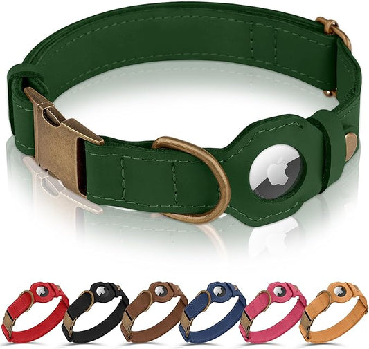 AirTag Dog Collar - Genuine Leather Dog Collar with Apple AirTag Holder and Metal Buckle - Smart GPS Tracking Pet Collars for Small Medium Large Dogs Puppy (Dark Green, XS, 9"-12" Neck Fit)