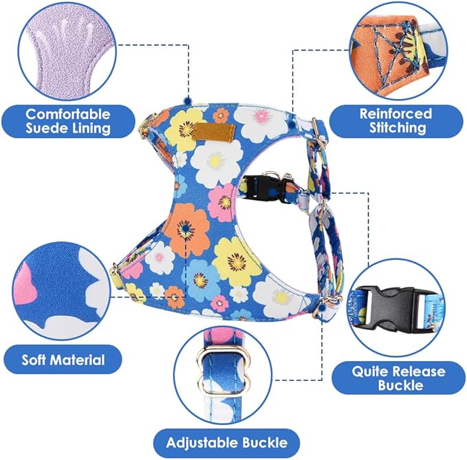 SlowTon No Pull Dog Harness with Leash - Soft Lightweight Floral Pattern Puppy Harness, Adjustable Pet Harness for Small Medium Dogs (Blue Flower M)