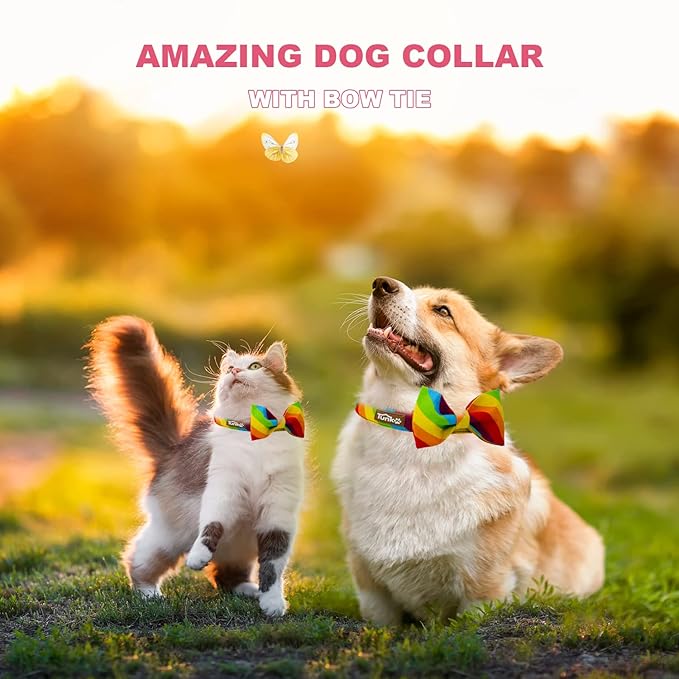 Tunkoo Rainbow Dog Collar with Very Pretty Bow Tie for LGBT Pride Month - Adjustable and Comfortable Collar for Large Medium Small Pet M