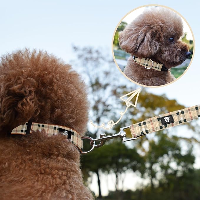 NESTROAD Dog Collar and Leash Set,Durable Leather Pet Collar with Quick Release Buckle,Adjustable Nylon Dog Collars for Small Medium Large Dogs(Medium Collar + 5FT Leash,Cherecked Beige)