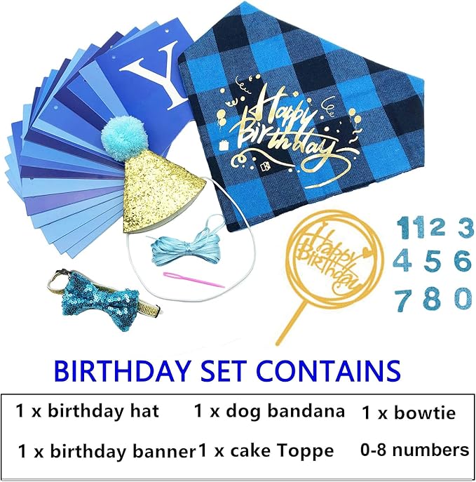 ADOGGYGO Dog Birthday Boy Bandana, Doggy 1st Birthday Party Supplies, Pet Party Hat Scarf Bowtie Banner Set for Large X-Large Dogs (X-Large)