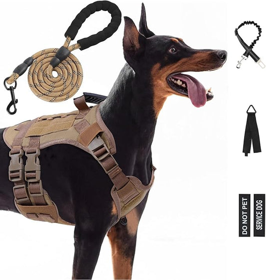 No Pull Tactical Dog Harness for Medium Dogs, Escape Proof Molle Dog Vest Harness and Leash Set, Adjustable Military Service Dog Harness with Handle for Medium Large Dogs(Brown,M)