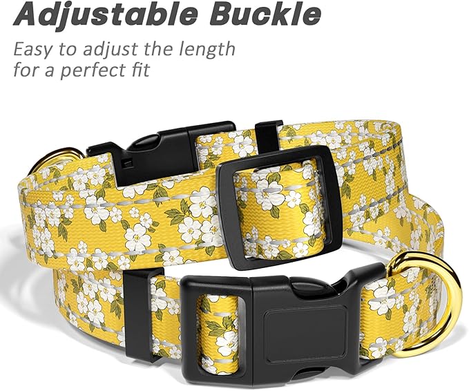 Reflective Dog Collar for Medium Dogs, Cute Flower Theme Adjustable Heavy-Duty Nylon Puppy Collar for Boy and Girl Female, Soft Pet Accessories with Quick Release Buckle, Yellow
