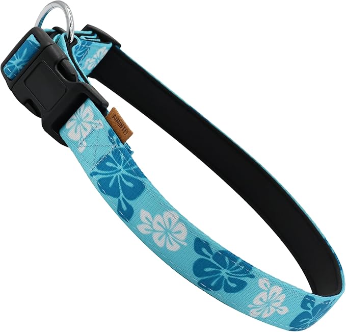 Dog Collar, Cute Floral Pattern, Neoprene Padded and Adjustable Collar with Quick Release Buckle, Reinforced Structure (L (Neck 18-28", Width 1"), Hawaiian Blue)