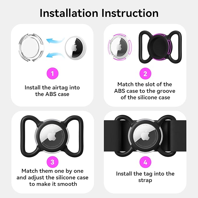 Waterproof Airtag Dog Collar Holder, Silicone & ABS Airtag Holder for Dog & Cat Collars, Ultra-Durable, Lightweight and Protective Airtag Case (Black & Rose, Large)