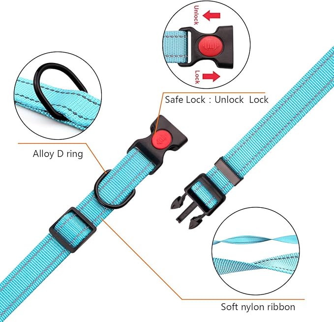 Reflective Dog Collar and Leash Set with Safety Locking Buckle Nylon Pet Collars Adjustable for Small Medium Large Dogs 3 Sizes(L)