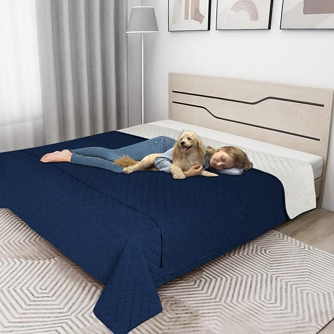 Easy-Going 100% Waterproof Dog Bed Cover Reversible Leak Proof Couch Cover Washable Sofa Cover Furniture Protector Blanket for Pets Kids Children Dog Cat (102x90 Inch, Navy/Ivory)