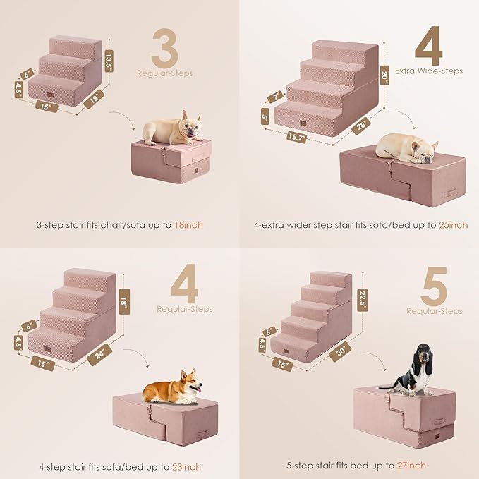 EHEYCIGA Dog Stairs for Bed 20”H, 4-Step Extra Wide Dog Steps for High Bed, Pet Steps for Small Dogs and Cats, Non-Slip Balanced Dog Indoor Ramp, Pink