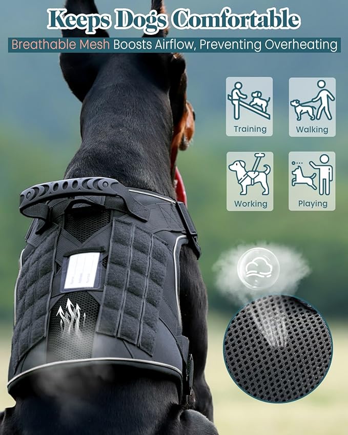 Reflective Service Dog in Training Vest Harness for Medium Large Dogs, Adjustable Heavy Duty Padded Black Dog Harness, with Front Clip and Metal Buckles Do Not Pet for Training, Hiking