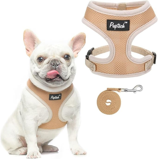 PUPTECK Soft Mesh Dog Harness and Leash Set Pet Puppy Cat Comfort Padded Vest No Pull Harnesses, Solid Beige, M
