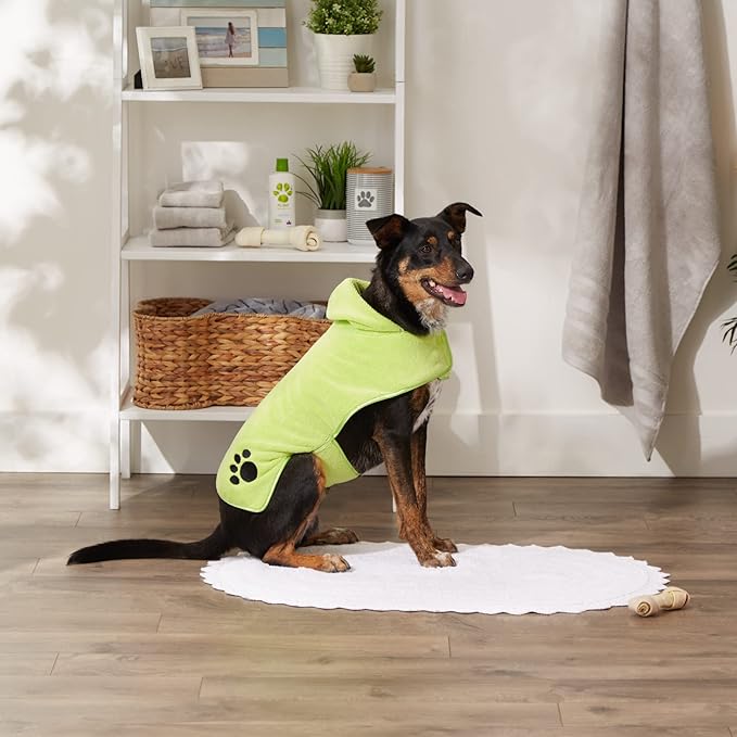 Bone Dry Pet Robe Collection, Embroidered Absorbent Microfiber Bath Robe with Adjustable Closure, for Dogs & Cats, Medium, Lettuce Green