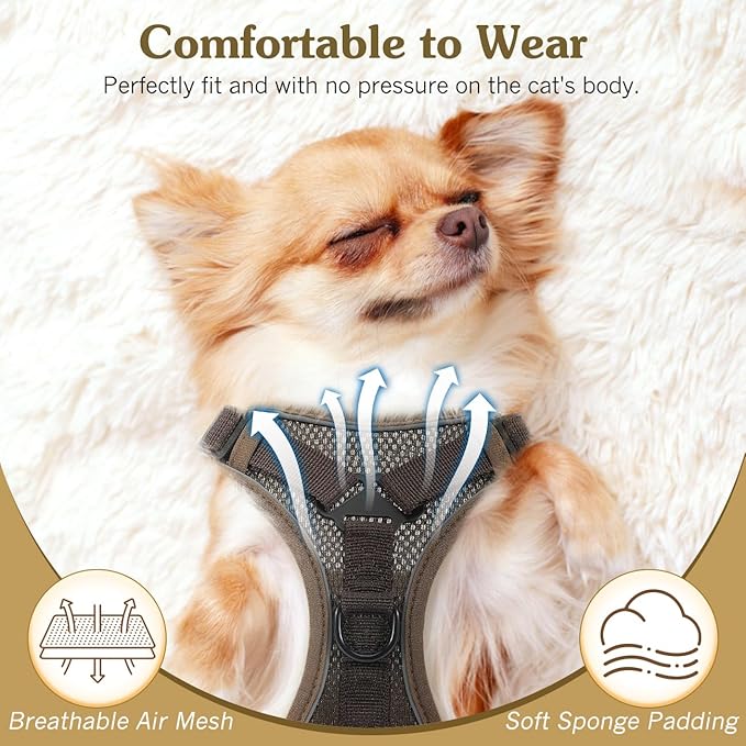 Cat Harness and Leash Set for Walking, Adjustable Kitten Vest Harness with Reflective Strip Breathable Mesh, Escape Proof Soft Pet Safety Vest for Cats, Kittens, Puppies, XL Coffee