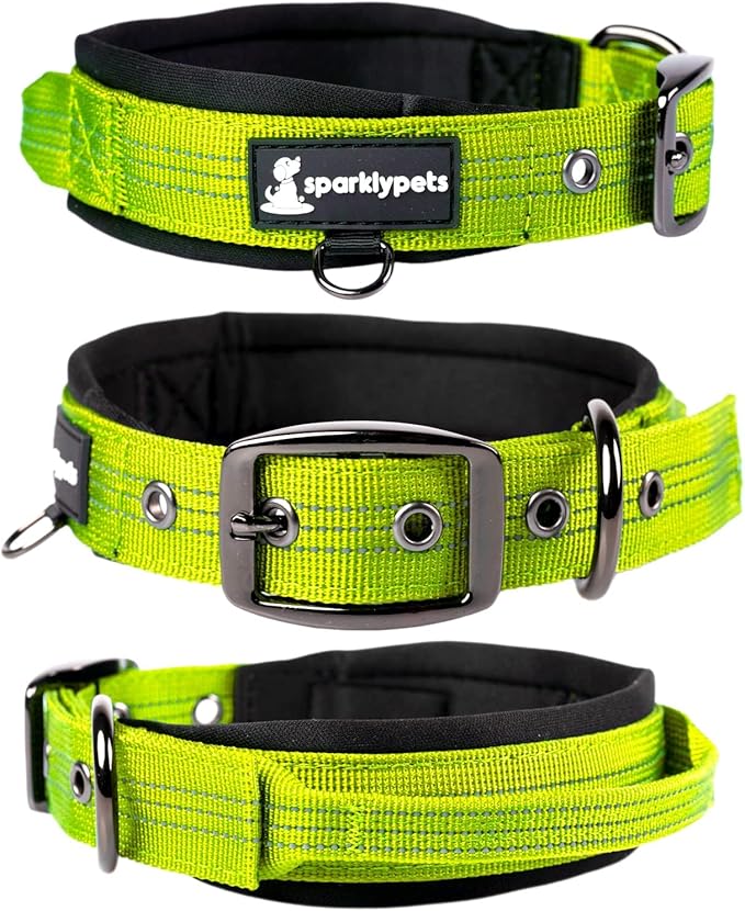 SparklyPets Heavy Duty Dog Collar with Handle for Medium and Large Dogs – Professional Collar with Reflective Stitches, Soft Handle & Nickel-Plated Buckle (Medium (14,5"~18,5"), Green)