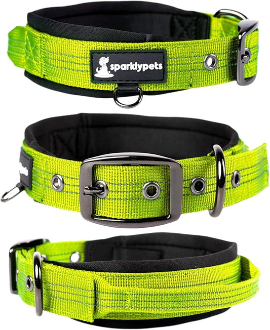SparklyPets Heavy Duty Dog Collar with Handle for Medium and Large Dogs – Professional Collar with Reflective Stitches, Soft Handle & Nickel-Plated Buckle (Large (18"~22"), Green)