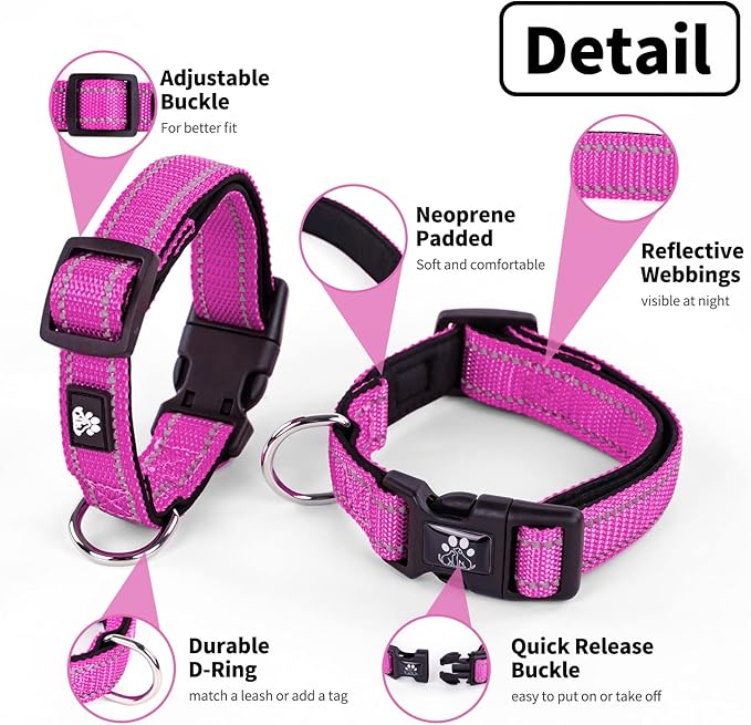 NESTROAD Reflective Dog Collar and Leash Set,Soft Neoprene Pet Collar with Quick Release Buckle,Adjustable Nylon Dog Collars for Small Medium Large Dogs(Large Collar + 5FT Leash,Fuchsia Pink)