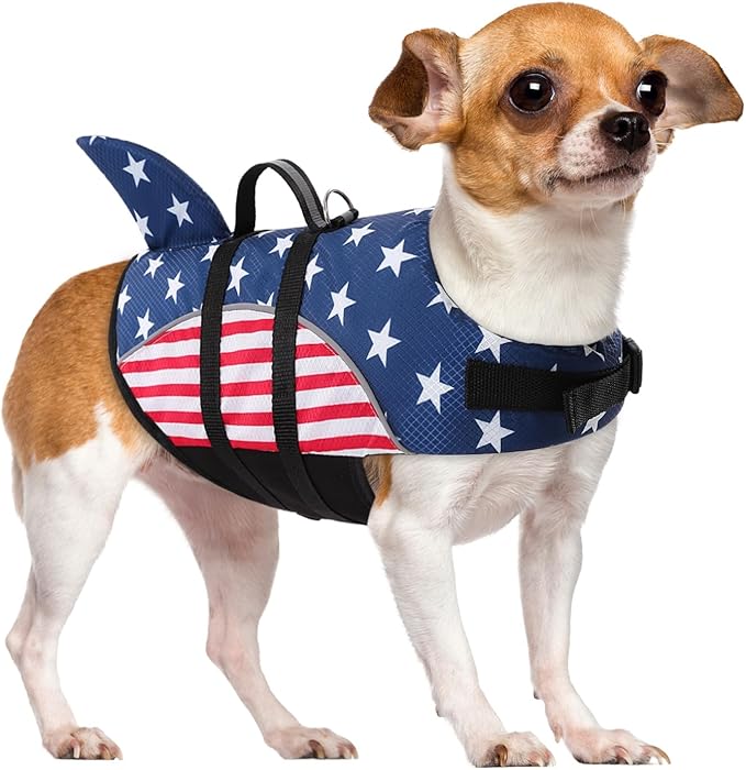Queenmore Small Dog Life Vest for Boating, American Flag Dog Vest for Swimming, Lightweight Small Dog Life Jacket with Shark Fin/Rescue Handle/Leash Hook, S
