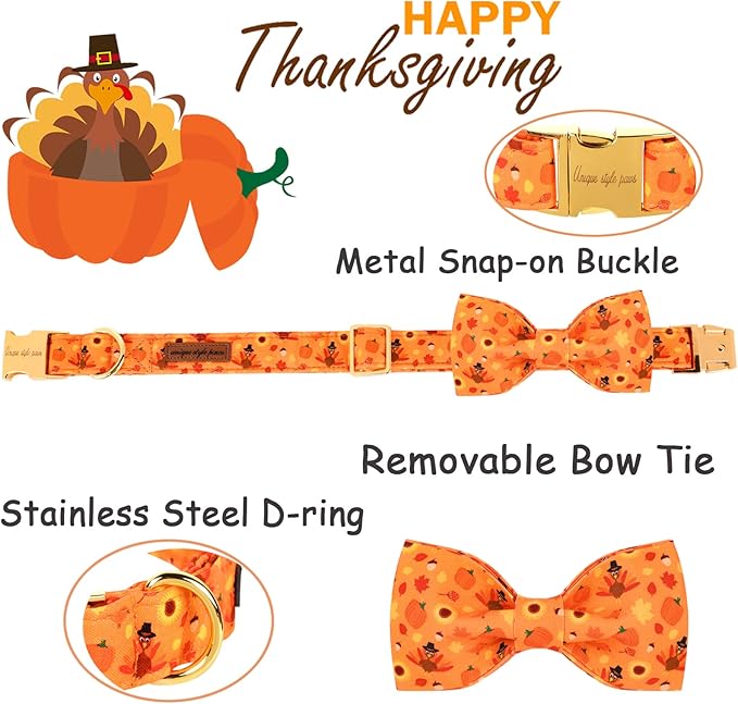 Unique style paws Halloween& Dog Collar with Bow Tie Pumpkin Cotton Collar Adjustable Puppy Collar Best Thanksgiving Gift for Small Medium Large Dogs-Turkey & Pumpkin Theme