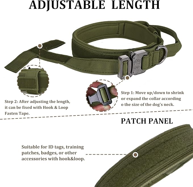 Tactical Dog Collar with Handle - Military Adjustable Dog Training Collar Soft Nylon and Heavy Duty Metal Buckle for Medium Large Dogs - with Patch (Green, Large)