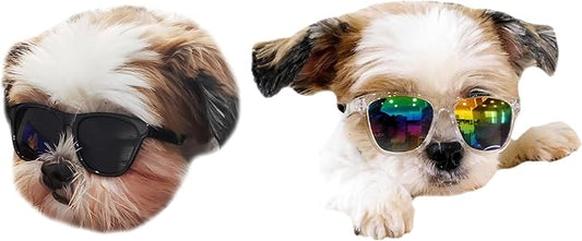 G014 Dog Cat Pet 80s Sunglasses Goggles for Small Breeds up to 15lbs (2-Pack Black+ Clear-Rainbow Mirror)