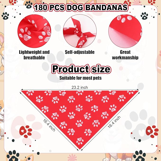 Aliceset 180 Pcs Dog Bandana Bulk Paw Print Bandanas for Dog Cute Scarf Bibs Soft Pet Triangle Scarf Adjustable Holiday Costume Neckerchief for Boy and Girl, Small and Medium Pet
