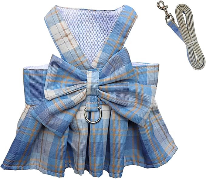 Dog Harness and Leash Set, Cute Bow Tie Plaid Harnesses for Puppy Cat, Adjustable Pet Kitties Vest, Breathable Harness Traction Rope for Boy Girl Small Animal(Skirt Sky Blue,XS for 1.1-3.3lbs Dog)