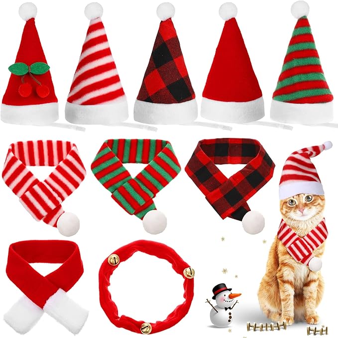 Oudain 10 Pieces Christmas Cat Santa Hats with Scarf and Collar Set, Christmas Cat Costumes Pet Santa Hat Scarf Set Puppy Dog Xmas Hat Outfit for Cats Small Dogs Puppy Accessories