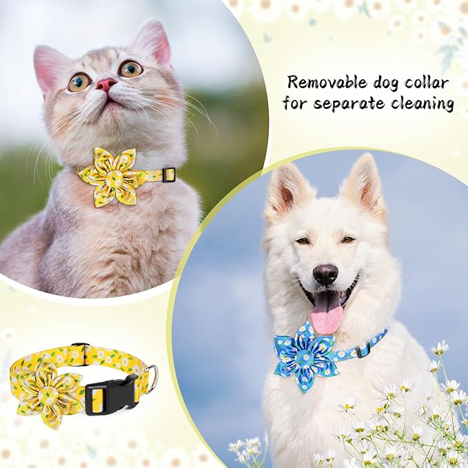 Daisy Yellow Girl Dog Collar Cute Dog Collars with Bow for Large Dogs Floral Colored Options Soft and Fancy Dog Collars for Flower Pattern for Boy/Girl Dog Collar L