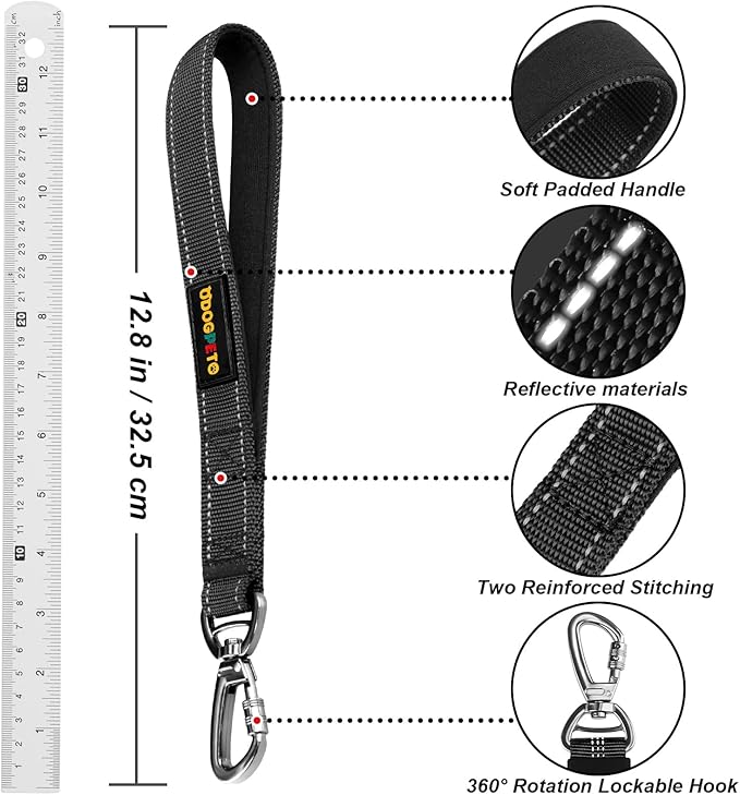 Dog Seat Belt Harness for Car, Dog Car Leash with Car Headrest & Buckle, Reflective Short Dog Leash, Pet 12 Inch Heavy Duty Leash for Dogs with Padded Handle & Locking Carabiner Clip, Black