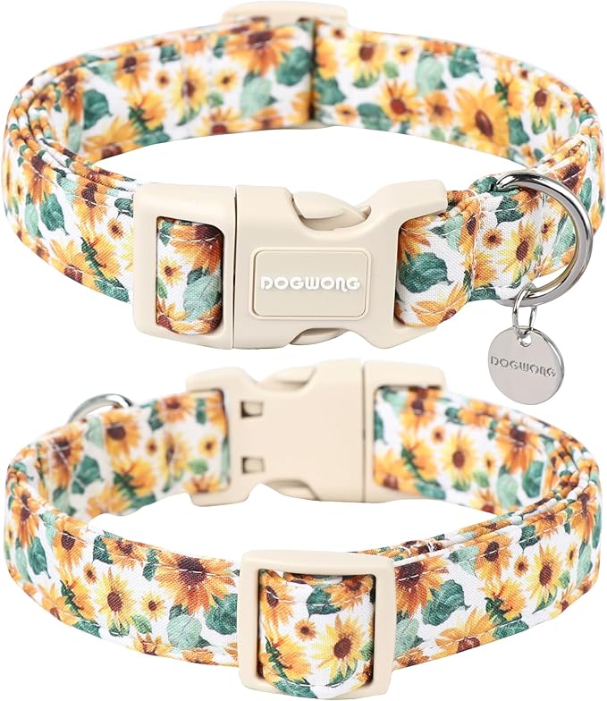 DOGWONG Female Cotton Dog Collar - Sunflower Design, Durable Soft Natural Fabric Spring Collar for Small, Medium & Large Dogs