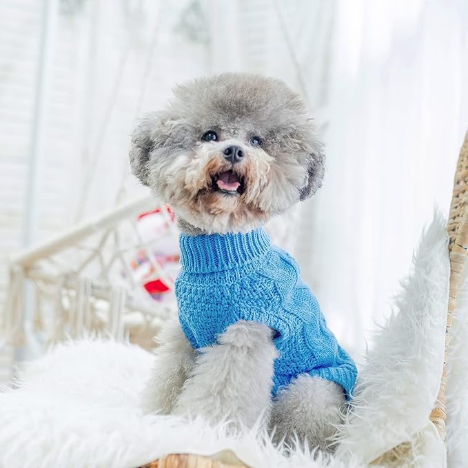 Mihachi Turtleneck Dog Sweater - Winter Coat Apparel Classic Cable Knit Clothes with Leash Hole for Cold Weather, Ideal Gift for Pet in New Year Lake Blue