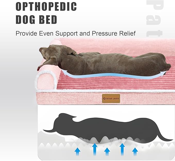 Patas Lague Orthopedic Dog Bed for Large Dogs Waterproof Comfortable L Shaped Medium Non-Slip Soft Warm Pet Sofa Sleep Bed mat with Removable Washable Cover 36''X24'' Pink