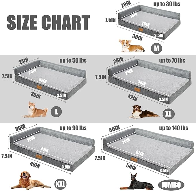 Patas Lague Orthopedic Jumbo Dog Bed for Extra Large Dogs 56''X40'', Waterproof L Shaped Jumbo Pet Sofa Beds with Removable Washable Cover, Soft Comfortable Pet Couch Mat with Nonskid Bottom, Grey