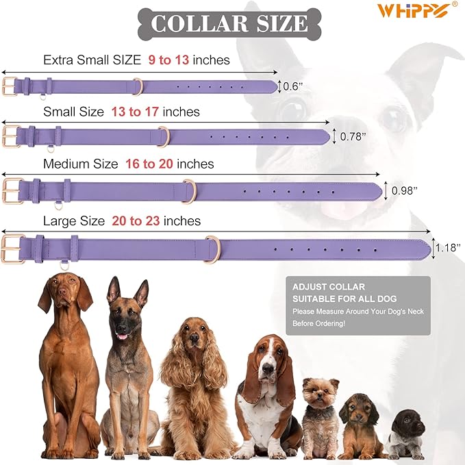 WHIPPY Leather Dog Collar for Small Medium Large Dog Adjustable Soft Breathable Leather Padded Puppy Collar with Alloy Buckle Heavy Duty Waterproof Classic Dog Pet Collar,Purple,M