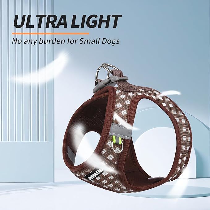 AIITLE Breathable Mesh Dog Vest Harness, No Pull Escape Proof Vest Harnesses with Reflective Bands, Adjustable Plaid Pet Outdoor Harnesses for Small and Medium Dogs Chocolate M