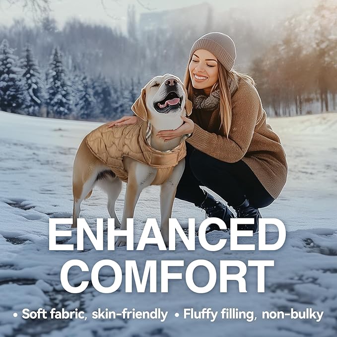 VIVAGLORY SoftJoy Dog Winter Coat - British Style Plaid Jacket Vest Apparel for Cold Weather - Heavy Duty Snow Warm Cozy Reversible Outdoor Accessories - S Khaki