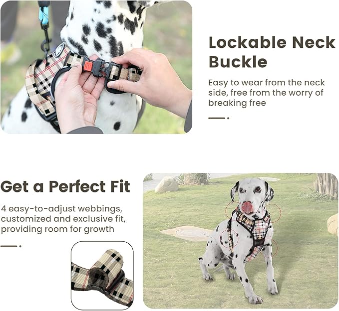 FURRYFECTION Plaid Dog Harness for Large Dogs | No Pull Reflective Pet Harness | No Choke Adjustable Dog Vest Harnesses | with Leash | Easy Control Handle | Front Lead | Seat Belt | Beige&White | XL