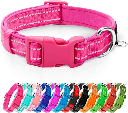 azuza Reflective Dog Collar,Soft Neoprene Padded Pet Collar with ID Tag Ring,Adjustable for Small Dogs,Hot Pink,S