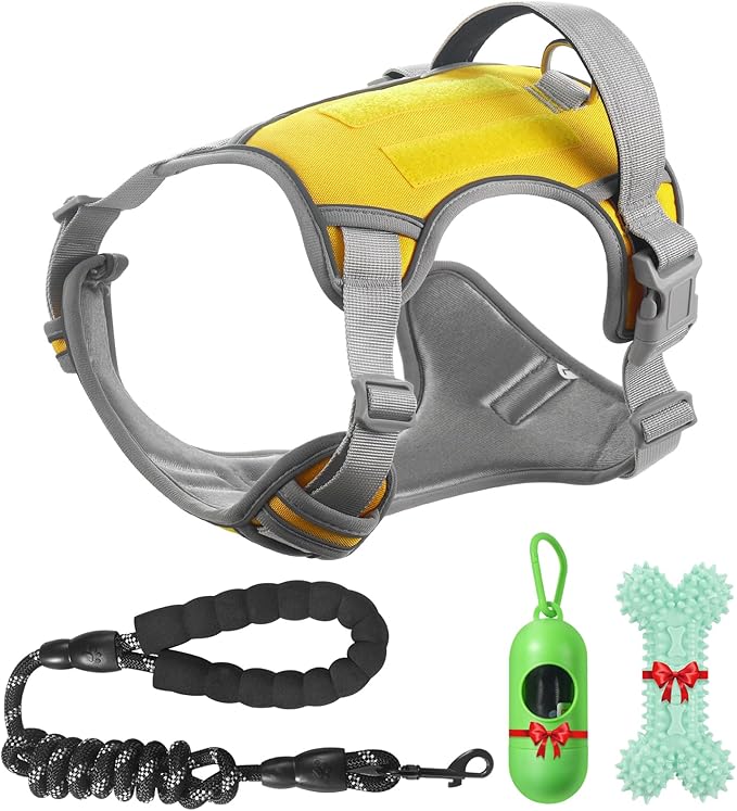 Dog Harness Adjustable Reflective Easy Control for Medium/Large Dog Harness with A Free Heavy Duty 5ft Dog Leash (Neck: 18,5"-25", Chest: 21"-27.9")(Yellow, Large)