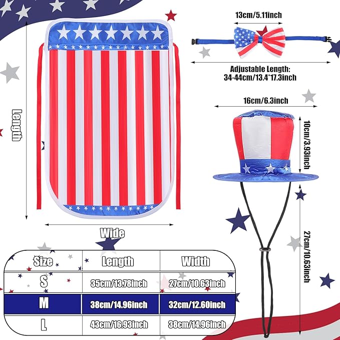 JaGely 3 Pcs Dog 4th of July Outfit Independence Day Costume Set Includes Dog Top Hat, American Flag Bow Tie Collar and American Flag Cape Pet Clothes for Dogs Puppy Cats Kitten(M)