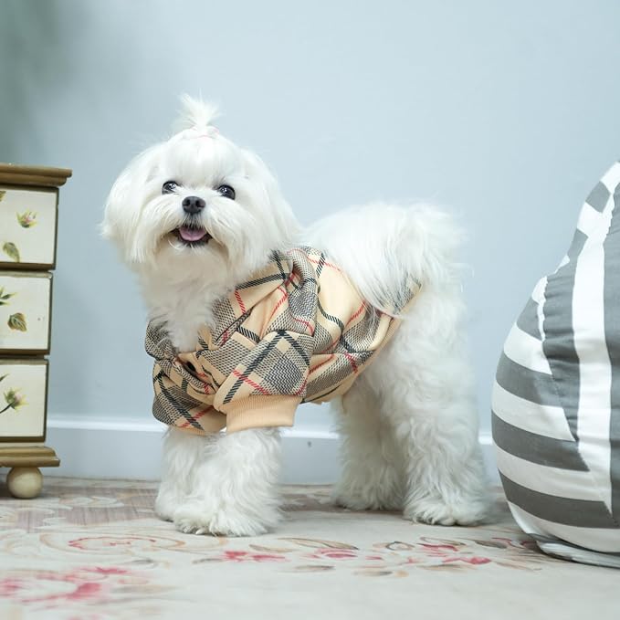 EXPAWLORER Plaid Dog Hoodie - British Style Warm Dog Sweater Shirt with Leash Hole,Pitbull Clothes Outfits,Winter Coat Apparel for All Breeds Puppy Girl Boy-Cat Apparel