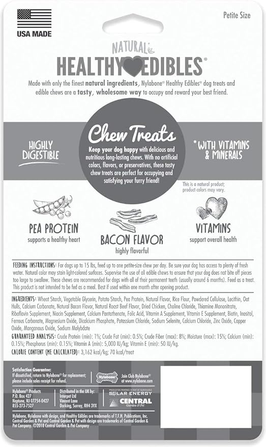 Nylabone Healthy Edibles Long Lasting Chew Treats. (3) 8 Count Packs of Bacon Flavor Treats for X-Small/Petite Dogs. 24 Total Treats.