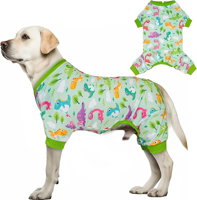 KYEESE Dog Pajamas Comfy Clothes for Dogs Boy Girl Stretchy Pet Jammies Onesie Soft Outfit Velvet Pjs Large Dog Pajamas with Colorful Dinosaurs, XX-Large