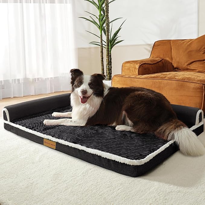 Patas Lague Orthopedic Jumbo Dog Bed for Extra Large Dogs 56''X40'', Waterproof Comfortable L Shaped Jumbo Non-Slip Soft Warm Pet Sofa Sleep Bed mat with Removable Washable Cover, Black