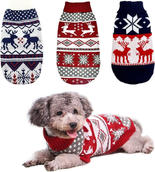 3Pcs Christmas Dog Sweater Costume Xmas Cat Knitwear Clothes Navy Blue White and Christmas Red Sweaters with Reindeers Snowflakes Pattern for Kitten Cat Puppy Dog M